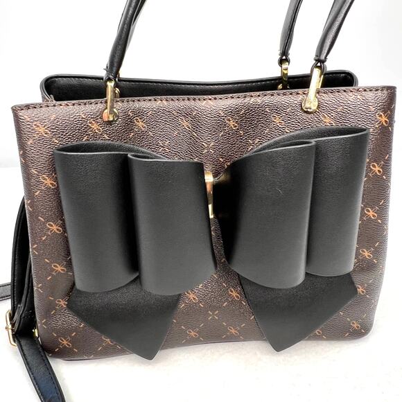 Crossi Black & Brown Bow Bag Textured Faux Leather Purse Designer Satchel Bag - Picture 3 of 12